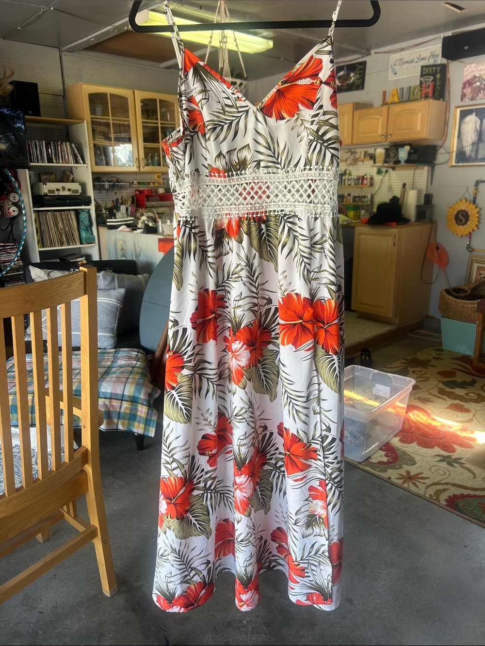 Floral Maxi Sundress with Lace Waist - White with Red Floral